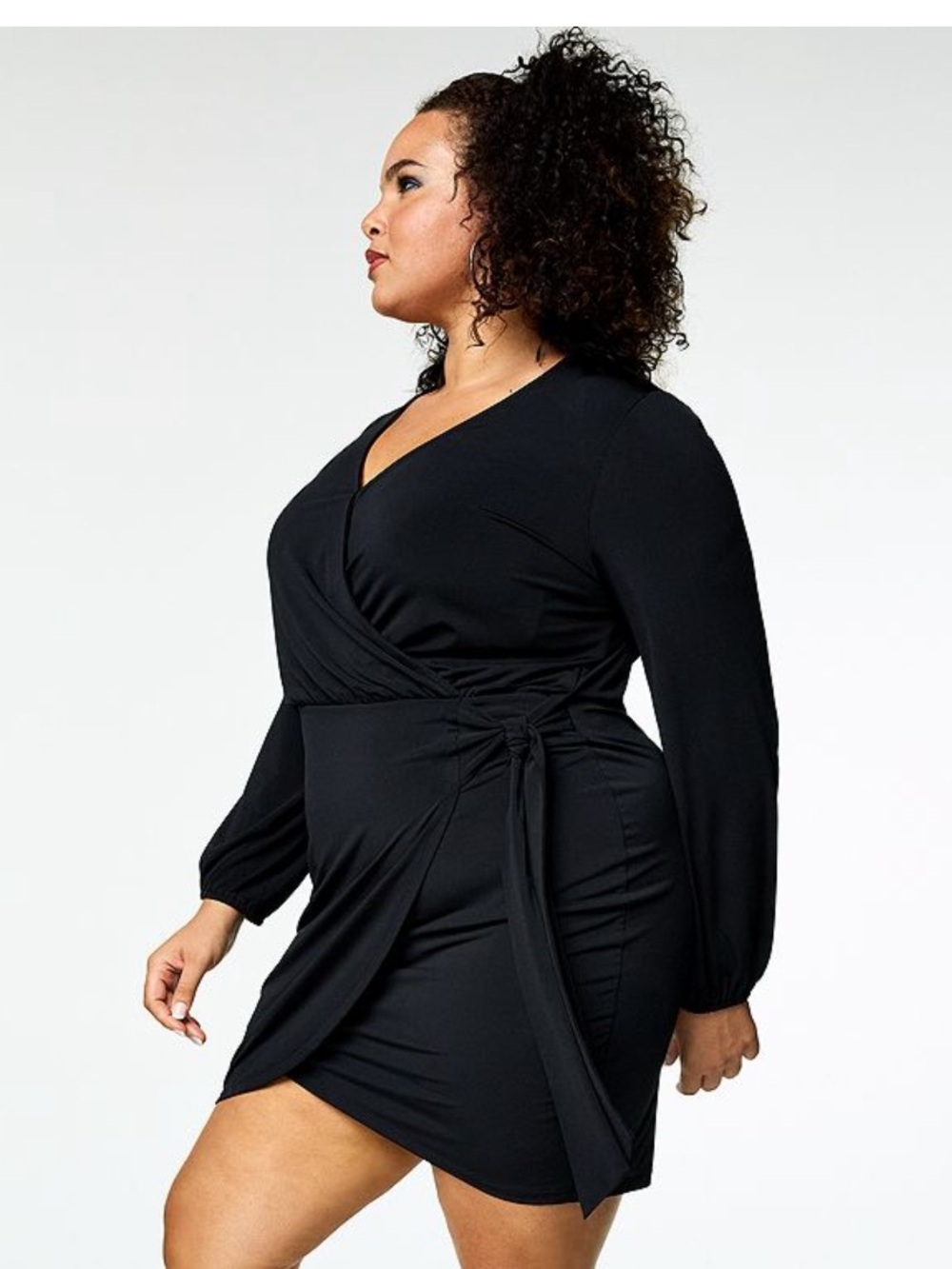 Intempo-Matte Jersey Long Sleeve Wrap Mini Dress, Black, Size XXL,EUC